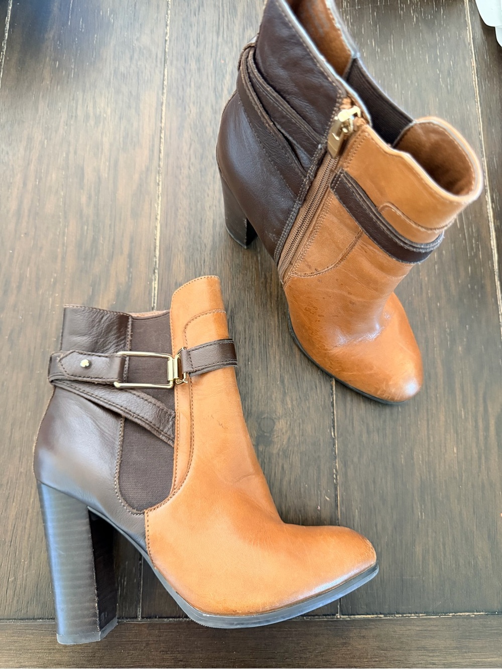 Aldo Two-Tone Tan and Dark Brown Leather High-Heel Ankle Booties